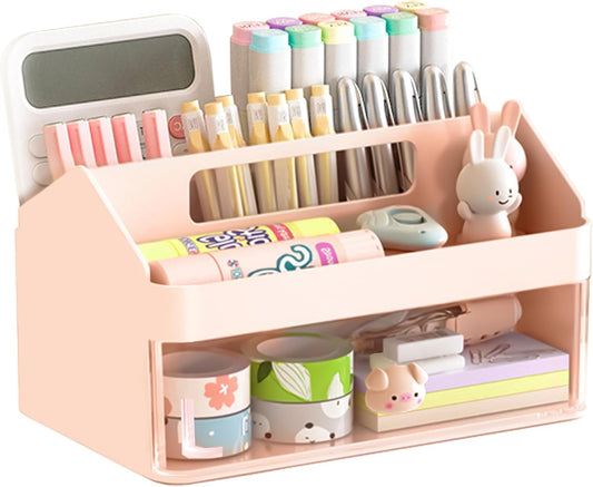 SAYEEC Desk Organizer Multi-Functional Desktop Makeup Stationery Accessories Organizer Desk Organization Storage Box Caddy for Office School Home Vanity Table (Pink with Handle)