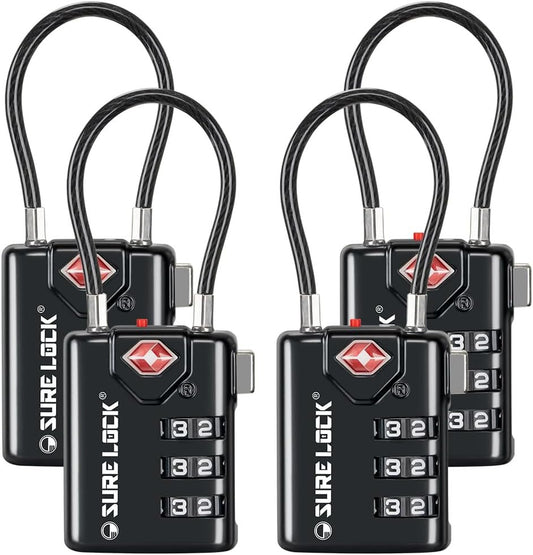 SURE LOCK TSA Compatible Travel Luggage Locks, Inspection Indicator, Easy Read Dials TSA Approved with Zinc Alloy, BLACK 4 PACK, earnest