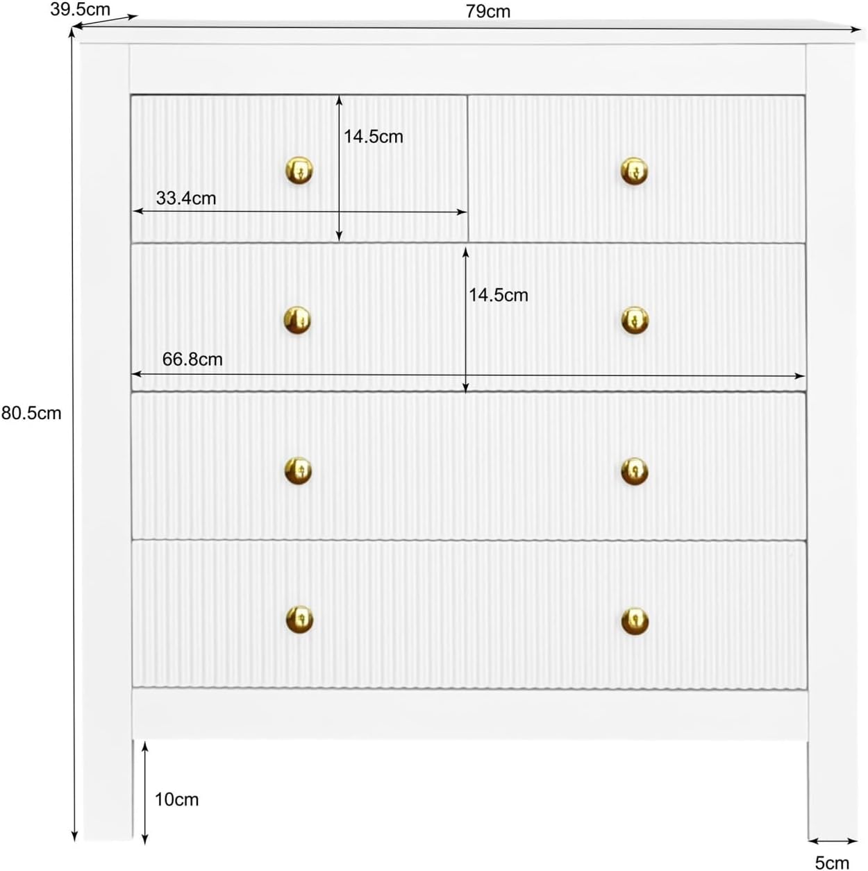 KOMHTOM Chest of Drawers for Living Room Bedroom White with 5 Drawers Wardrobe with Gold Handles Living Room Kitchen Bedroom Furniture White