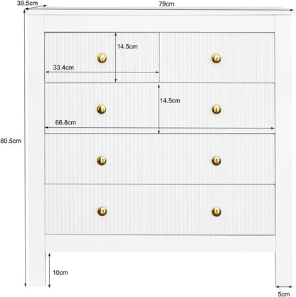 KOMHTOM Chest of Drawers for Living Room Bedroom White with 5 Drawers Wardrobe with Gold Handles Living Room Kitchen Bedroom Furniture White