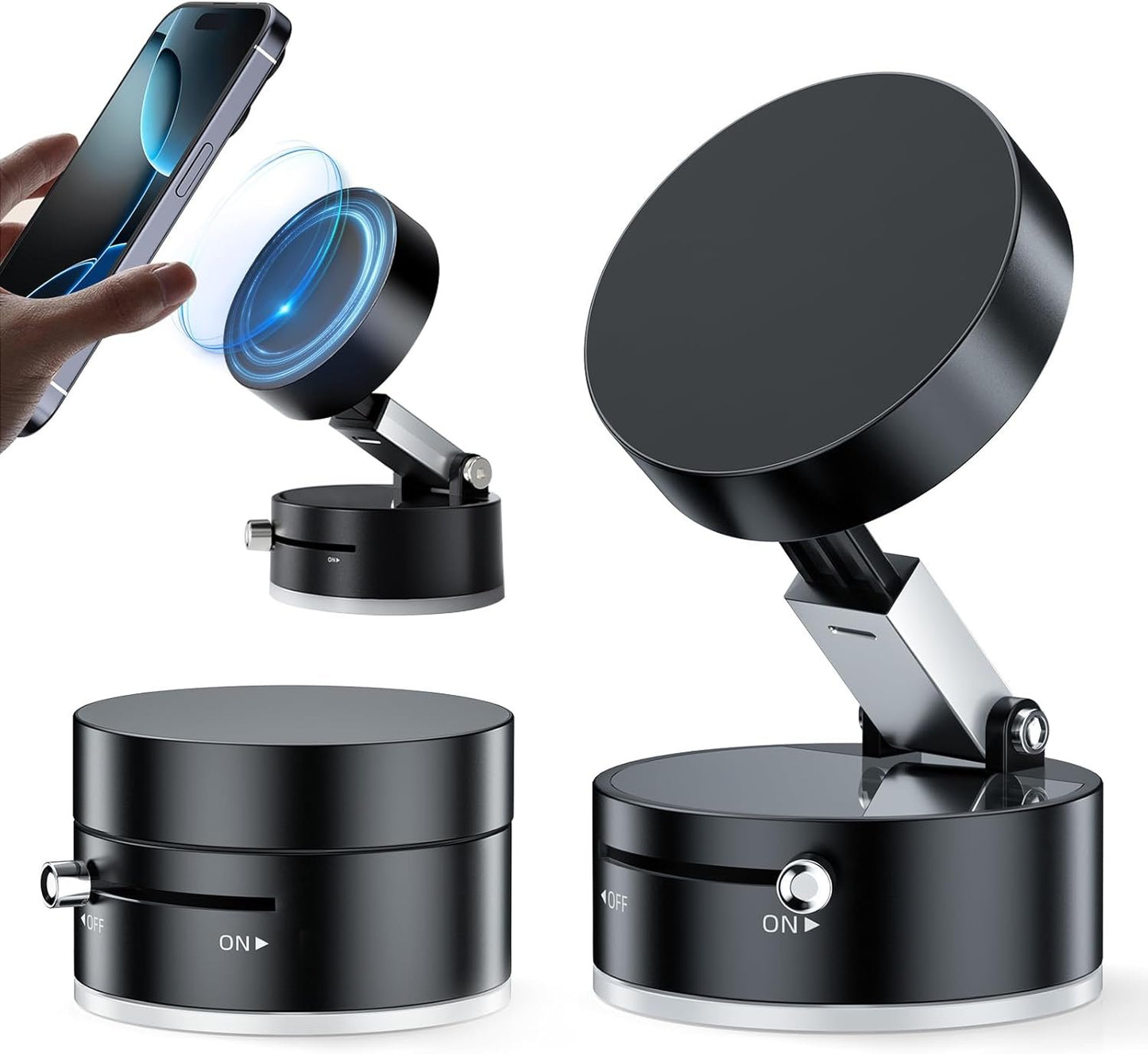 Vacuum Suction Magnetic Phone Holder, Upgrade Magnetic Suction Phone Mount Foldable & Retractable Vacuum Cell Phone Stand Double-Sided Car Phone Holder for All Phones Car/Mirror/Gym-Black