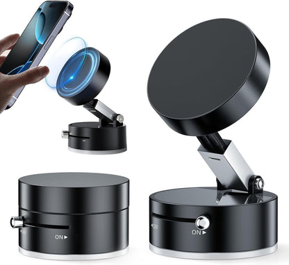 Vacuum Suction Magnetic Phone Holder, Upgrade Magnetic Suction Phone Mount Foldable & Retractable Vacuum Cell Phone Stand Double-Sided Car Phone Holder for All Phones Car/Mirror/Gym-Black