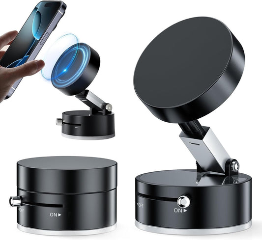 Vacuum Suction Magnetic Phone Holder, Upgrade Magnetic Suction Phone Mount Foldable & Retractable Vacuum Cell Phone Stand Double-Sided Car Phone Holder for All Phones Car/Mirror/Gym-Black