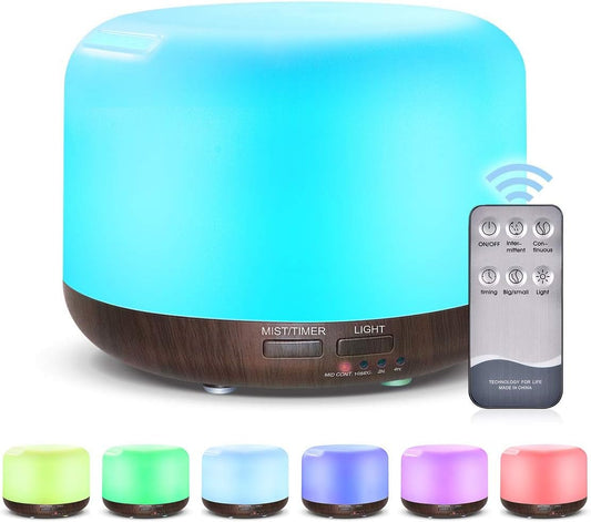 Marchred 300ML Essential Oil Diffuser with Remote Control,Ultrasonic Aromatherapy Air Diffuser Humidifier,Aroma Diffuser with 7 LED Color Changing Light for Large Room,Home (Dark Wood Grain)