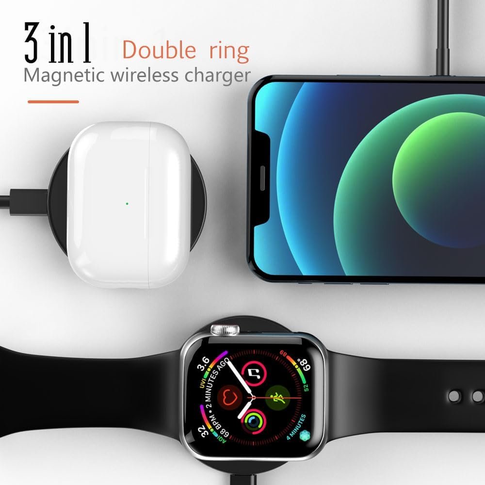 3 in 1 Magnetic Wireless 15W Fast Charger, Charging Station Compatible with iPhone iWatch AirPods Wireless Chargeable Phones, Phone Holder with Double Ring Kickstand (Black)