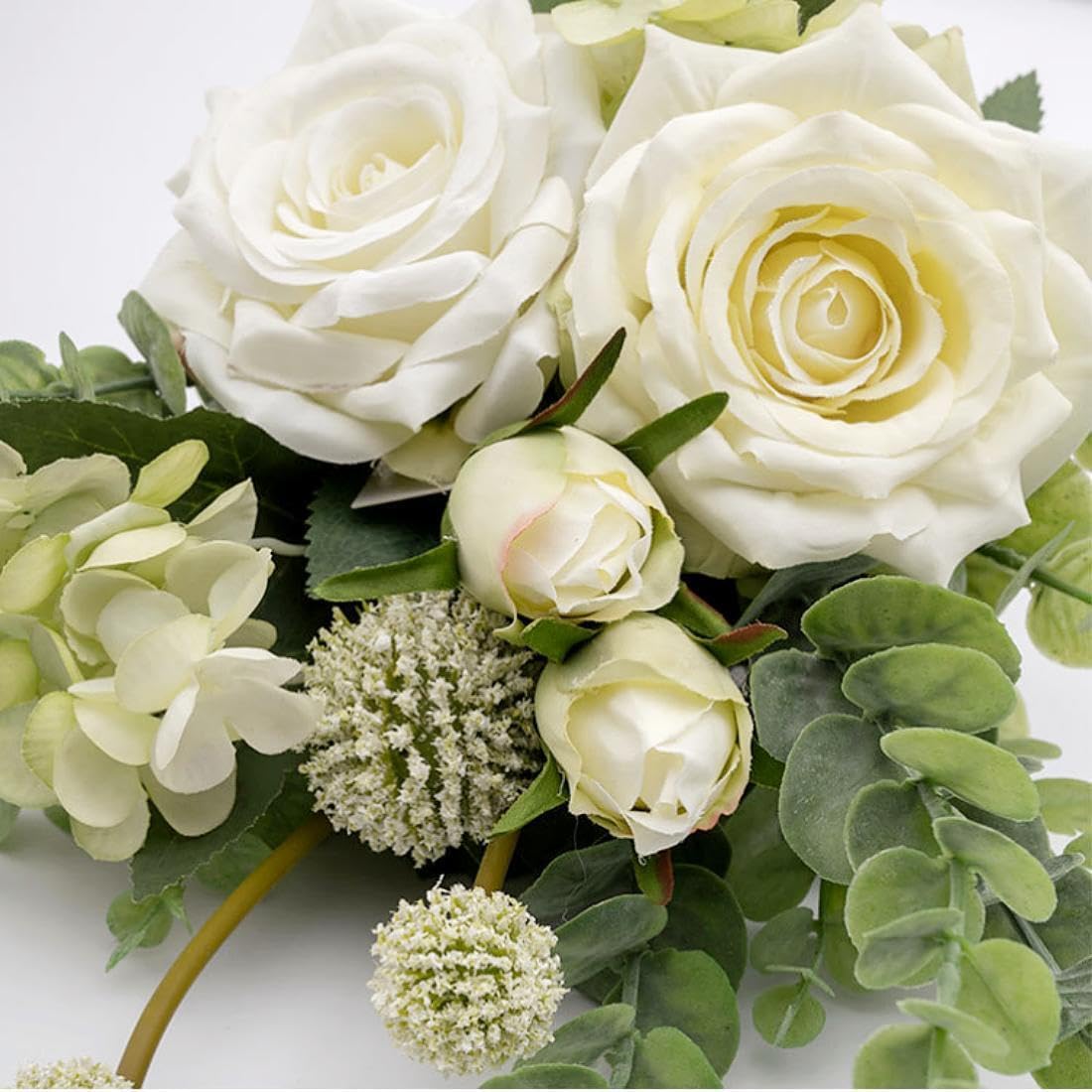 Avoik Artificial Flowers with Glass Vase Fake Flower Bouquet Faux Rose in Vases for Home Dcor Flowers Modern Home Decor Table Decorative Flower Vase for Dinner Office Bedroom, White