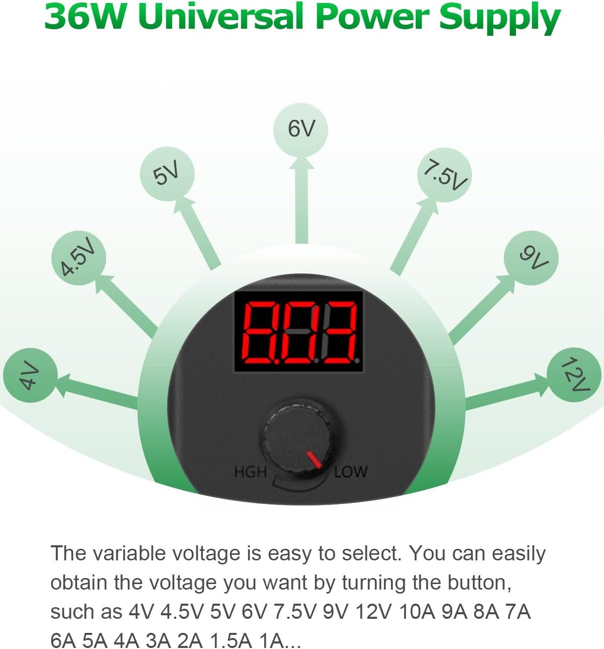 Arkare 36W Universal AC Adapter 12V 3A Variable Power Supply Adapter AC 100-240V to DC 3V 5V 4.5V 6V 9V 12V 3A 2A 1.5A 1A 0.5A Adjustable Switching Multi Voltage Power with 15 Tips+ Polarity Converter