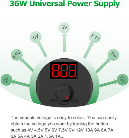 Arkare 36W Universal AC Adapter 12V 3A Variable Power Supply Adapter AC 100-240V to DC 3V 5V 4.5V 6V 9V 12V 3A 2A 1.5A 1A 0.5A Adjustable Switching Multi Voltage Power with 15 Tips+ Polarity Converter