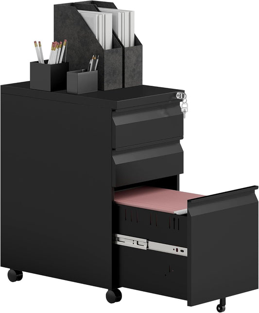 Vinsetto 3 Drawer Vertical File Cabinet with Lock, Steel Filing Cabinet with Wheels and Hanging Bar for A4 Legal and Letter Size Files, Printer Stand with Pre-Assembled Body, Black