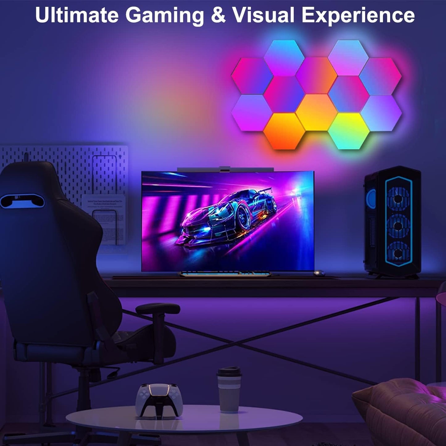 LED Hexagon Lights, Smart Home LED Wall Lights Work with Alexa Google Assistant,RGBIC Gaming Lights for Gaming Setup, Voice, App & Remote Controlled,LED Light Panels Music Sync for Gaming Room,10 Pack