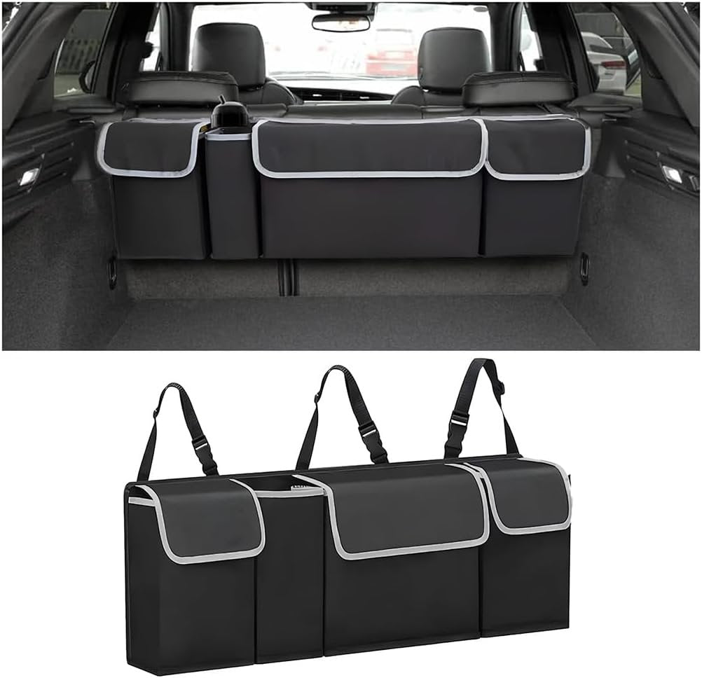 AUCELI Car Trunk Organizer, Backseat Hanging Large Storage with Adjustable Straps, Waterproof Collapsible Cargo Bag with 4 Pockets, Sturdy Space Saver Frees Trunk Floor for SUV, Truck, MPV