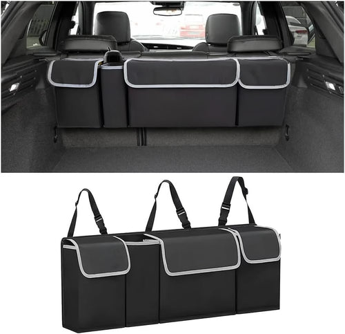AUCELI Car Trunk Organizer, Backseat Hanging Large Storage with Adjustable Straps, Waterproof Collapsible Cargo Bag with 4 Pockets, Sturdy Space Saver Frees Trunk Floor for SUV, Truck, MPV