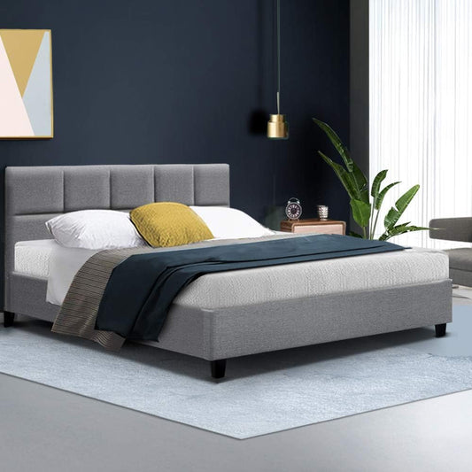 Artiss Queen Bed Frame Platform Checkered Headboard Wooden Beds Base Frames Bedroom Room Decor Home Furniture, Upholstered with Grey Faux Linen Fabric + Foam + Wood, Modern Design