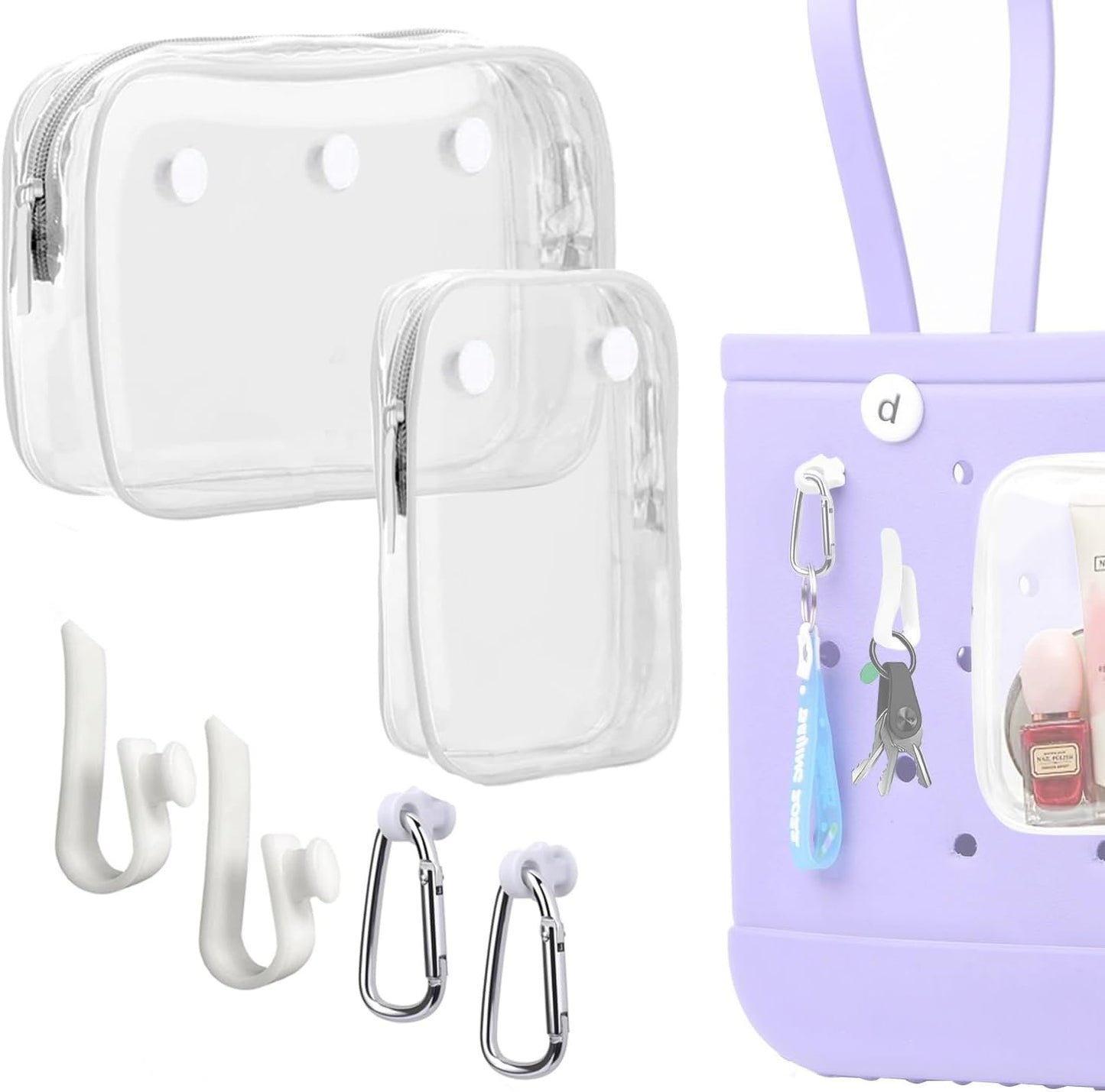 Everfunny 3 Packs Clear Bogg Beach Tote Bag with 2 Pack Insert Hooks Accessories for Bogg Bags Travel Makeup Clean Toiletry Brush Organizer Cosmetic Divider Storage Inner Pouch, White set of 2