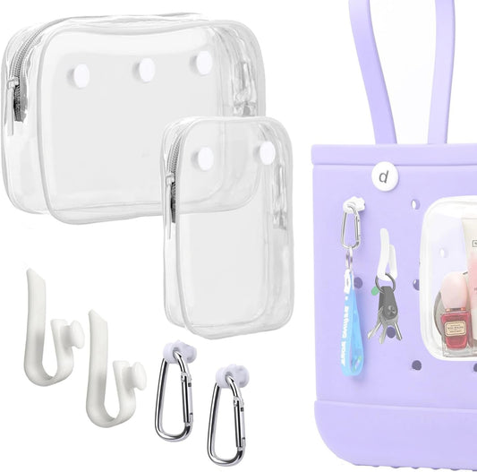 Everfunny 3 Packs Clear Bogg Beach Tote Bag with 2 Pack Insert Hooks Accessories for Bogg Bags Travel Makeup Clean Toiletry Brush Organizer Cosmetic Divider Storage Inner Pouch, White set of 2