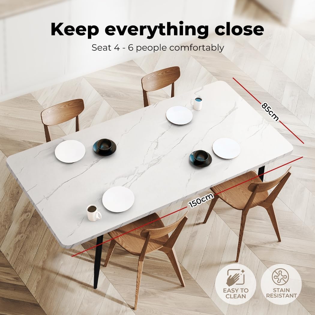 Levede Kitchen Dining Table Marbled White for 4-6 Seater, Rectangular Contemporary White Pattern Marble Top Dinner Tables with Tapered Steel Legs for Home/Kitchen/Cafe(150cm x 85cm x 75cm, White)