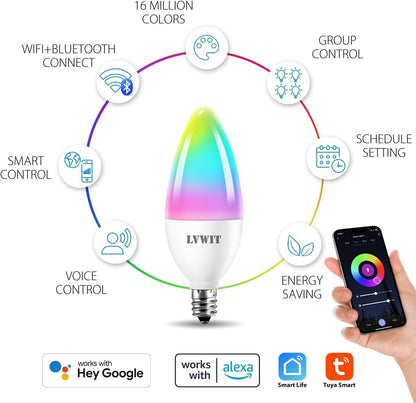 LVWIT B11 Smart Bulb, Candelabra LED Light Bulbs, Work with Alexa, Google Assistant, Smart Life App, Tuya App, 2700K-6500K, E12 RGB Color Changing Bulb (4.9W), No Hub Required, 4-Pack