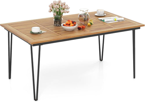 Tangkula 63-Inch Outdoor Dining Table, Patio Dining Table for 6 People w/Acacia Wood Tabletop & Metal Legs, Rectangular Wood Table w/Umbrella Hole for Patio, Yard, Garden & Deck