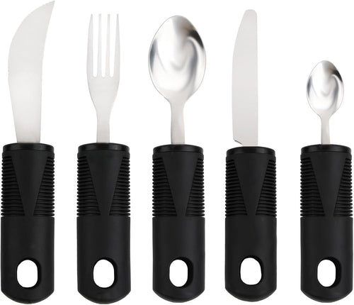 Easy Grip Cutlery for Adult, Adaptive Utensil Set of 5 Black Disability Aids with Knife Fork Spoon Large Wide Handled Arthritis Hands Aids Cutlery for Disabled People Elderly Parkinson