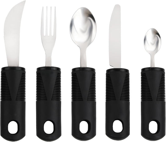 Easy Grip Cutlery for Adult, Adaptive Utensil Set of 5 Black Disability Aids with Knife Fork Spoon Large Wide Handled Arthritis Hands Aids Cutlery for Disabled People Elderly Parkinson