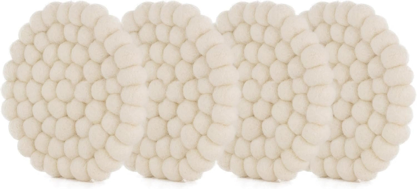 Set of 4 Round Felt Ball Coasters - 100% Merino Wool Table Coasters for Drinks and Bar - Absorbent, Heat Resistant, Thick & Durable Felt Coaster Pads - Handcrafted in Nepal, Eco-Friendly-White, B1400