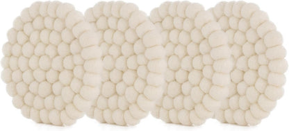 Set of 4 Round Felt Ball Coasters - 100% Merino Wool Table Coasters for Drinks and Bar - Absorbent, Heat Resistant, Thick & Durable Felt Coaster Pads - Handcrafted in Nepal, Eco-Friendly-White, B1400