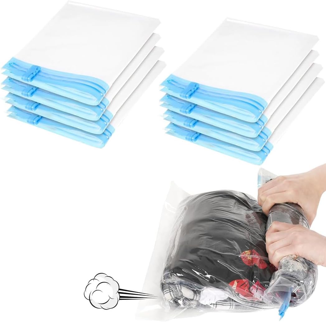 iDopick 8 Pack Compression Bags for Travel,Cream Roll Up Space Saver Bags Reusable Seal Clothes Bags,No Pump Needed Vacuum Storage Bags for Luggage, Suitcase, Backpack, Travel Essentials (35x50cm)