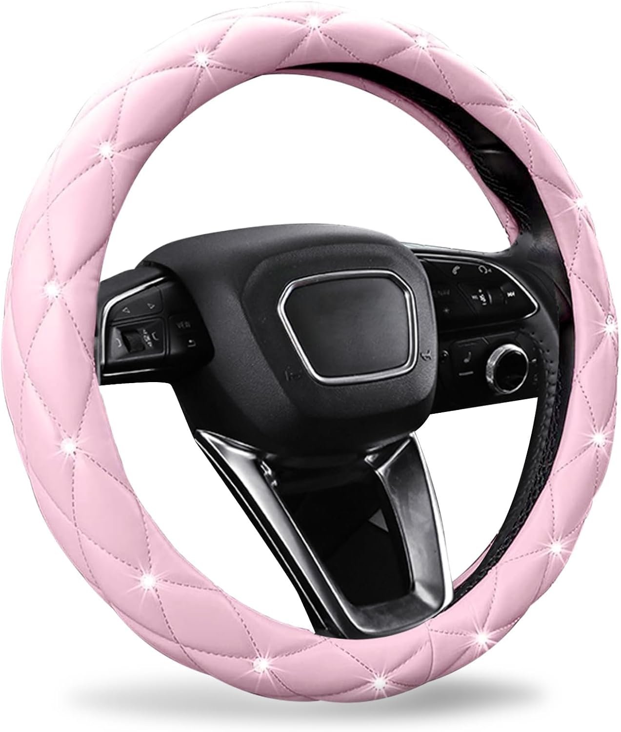 SuperKaKa Pink Steering Wheel Cover, Auto Cute PU Diamond Bling Breathable Slip-Proof Soft Comfort Leather Car Interior Accessories Protector Sparkly Fit Most O-Shaped Steering Wheels for Women Men