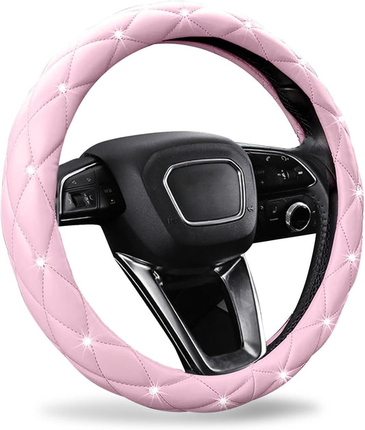 SuperKaKa Pink Steering Wheel Cover, Auto Cute PU Diamond Bling Breathable Slip-Proof Soft Comfort Leather Car Interior Accessories Protector Sparkly Fit Most O-Shaped Steering Wheels for Women Men