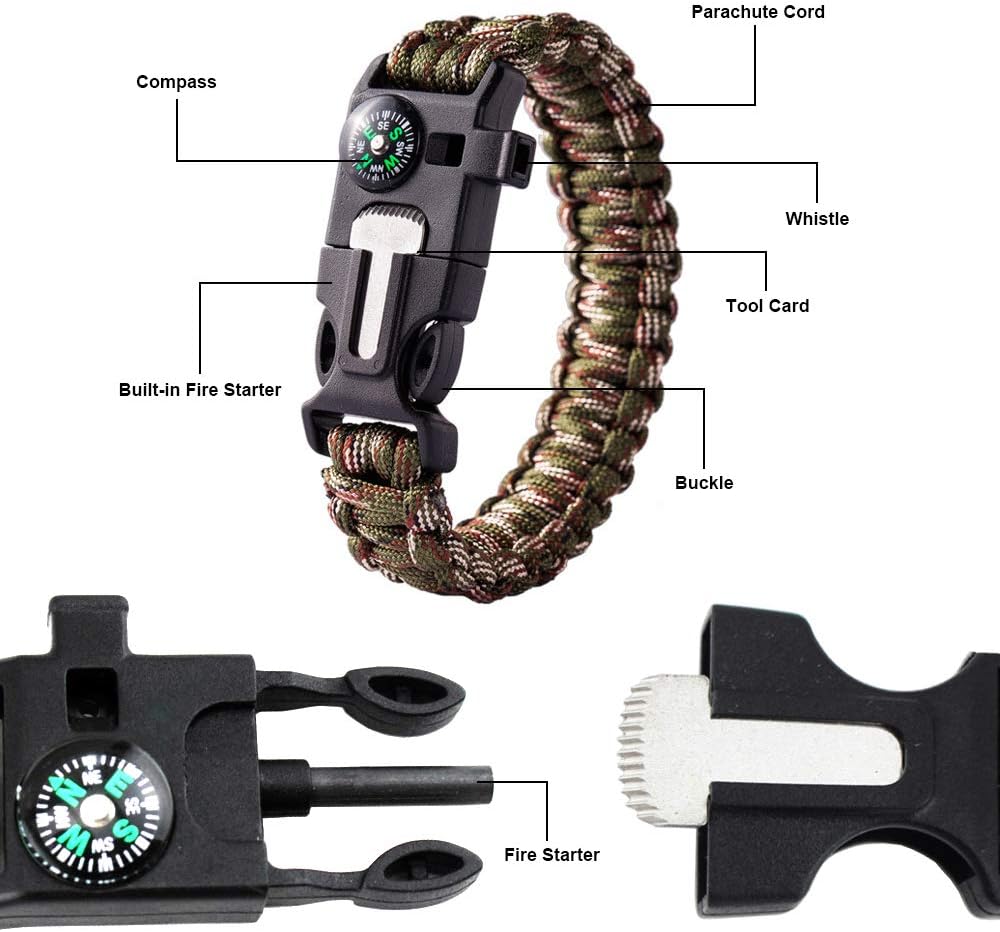 5 in 1 Survival Bracelet, New 7 Core Paracord Emergency Sports Wristband Gear Kit Waterproof Compass, Rescue Whistle, Fire Starter Multi-Tool Wilderness Adventure Accessories