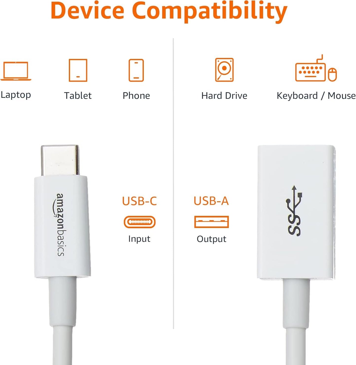 Amazon Basics USB Type-C to USB 3.1 Gen1 Female Adapter - White, Pack of 1