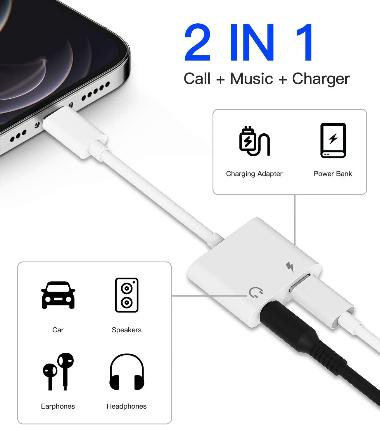 2Pack【Apple MFi Certified】Iphone AUX Adapter Lightning to 3.5mm Cable with Audio Jack Headphone Earphone Dongle and Charger for 11 12 MINI PRO MAX XS XR X 8 7Plus Accessories Adaptor Charging Ipad AIR