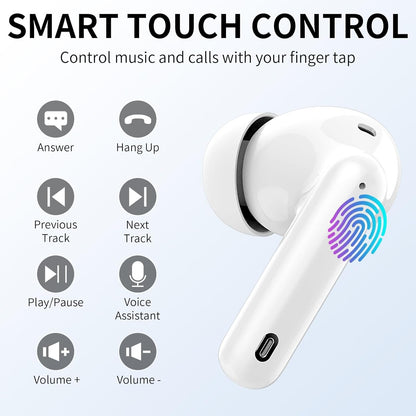 Wireless Earbuds, Bluetooth Headphones 5.4 HiFi Stereo, Wireless Earphones with ENC Noise Cancelling Mic, IP7 Waterproof in Ear Headphones, LED Digital Display Ear Buds, Touch Control, White