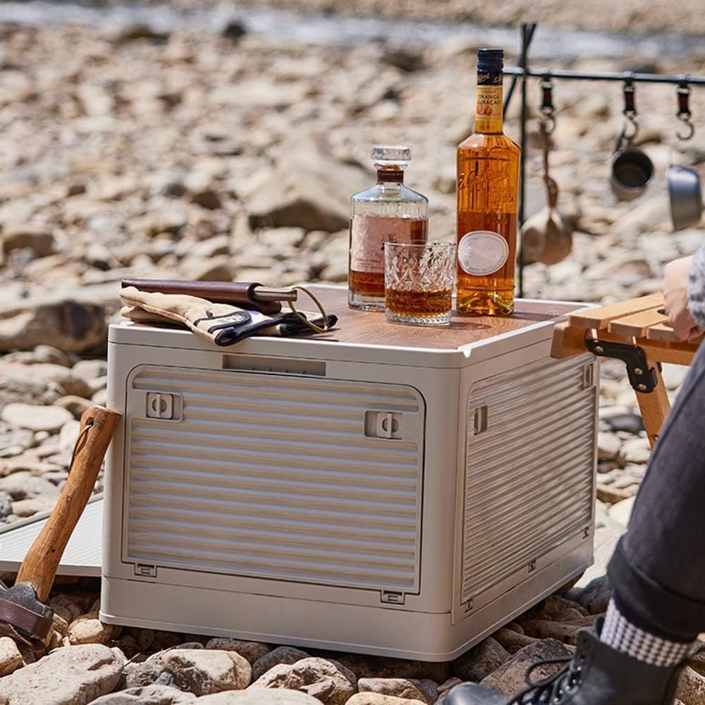 Radefasun Foldable Storage Bins with Wood Lids Plastic Collapsible Storage Box with Cutting Board Portable Stackable Grocery Books Container Folding Latching Storage Crate with Removable Pulley (S)