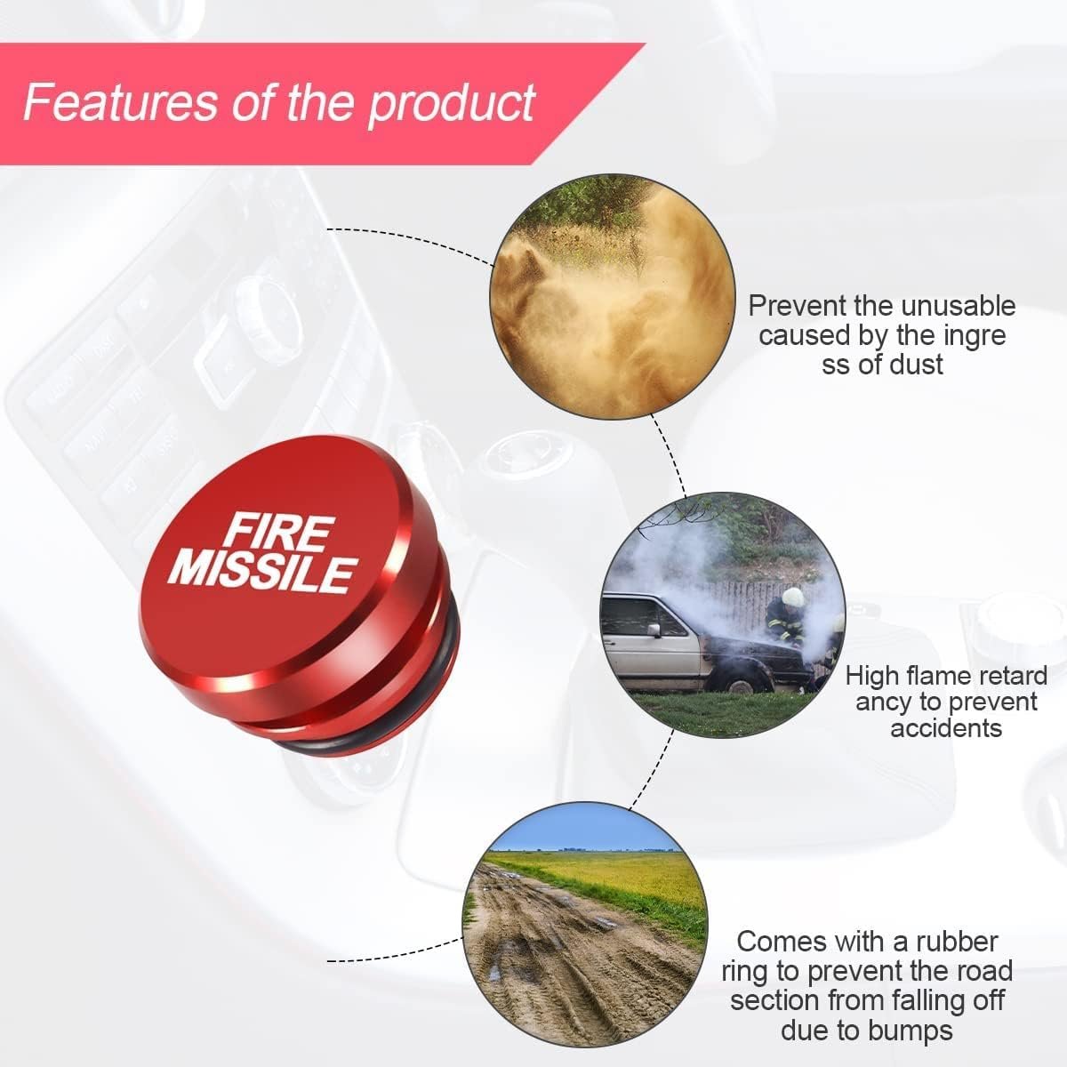 Cigarette Lighter Plug Cover for Car, Dustproof Waterproof Cigarette Lighter Plug, Universal for Most Vehicles, Cars, Boat, RV with 12 Volt Power Source (Red-FIRE Missile)