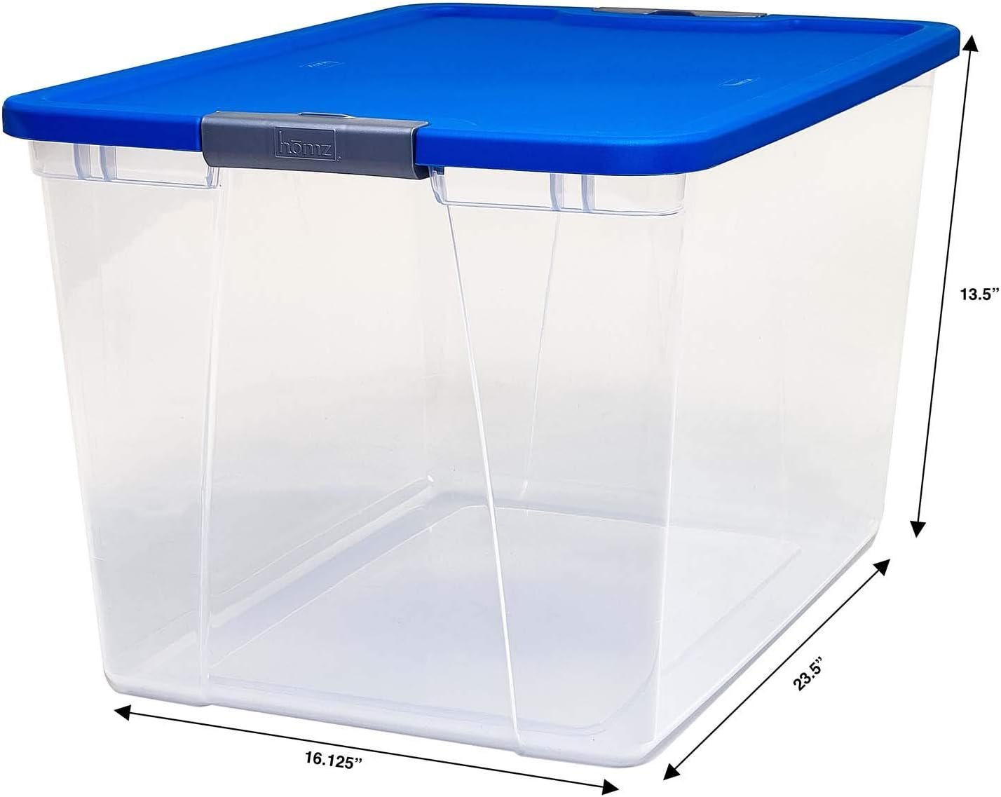 HOMZ 2-Pack Secure Latch, Clear Plastic Storage Organizer Bins, 64 Quart, Blue Lid - Stackable Container Boxes for Bedroom, Bathroom, Garage, and Office Organization