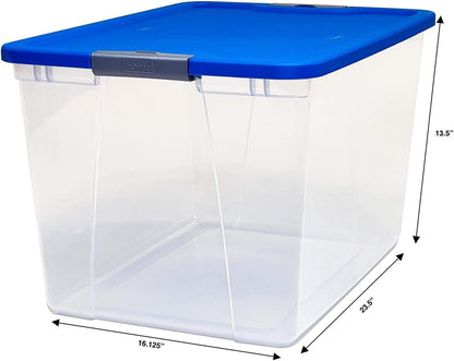 HOMZ 2-Pack Secure Latch, Clear Plastic Storage Organizer Bins, 64 Quart, Blue Lid - Stackable Container Boxes for Bedroom, Bathroom, Garage, and Office Organization