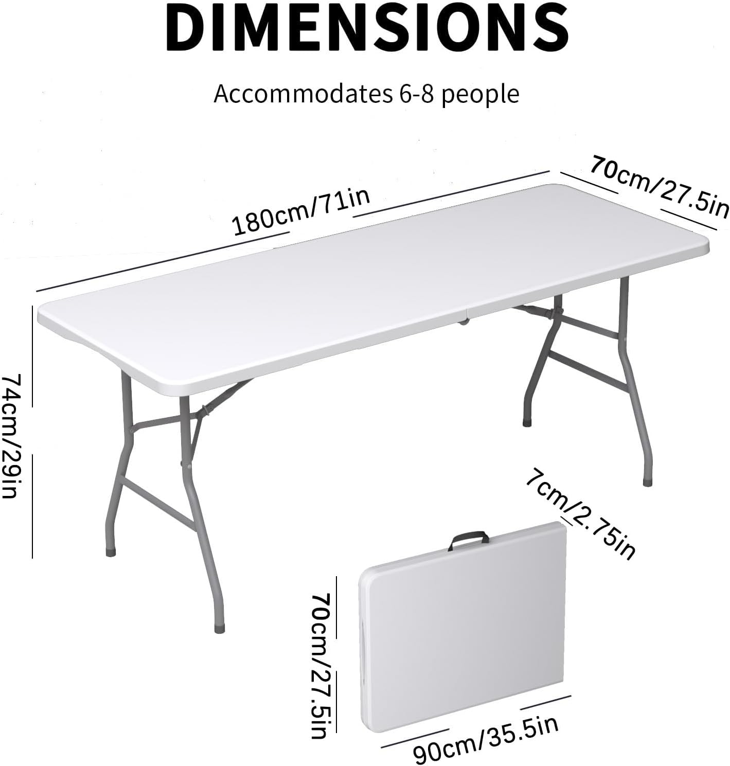 6 Ft Portable Foldable Long Table, Folding Table for Indoor Outdoor, Smooth HDPE Tabletop with Built in Handle & Steel Legs, Perfect for Party, Dining, Wedding, Events, Camping, Utility, Temporary