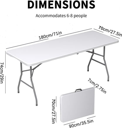 6 Ft Portable Foldable Long Table, Folding Table for Indoor Outdoor, Smooth HDPE Tabletop with Built in Handle & Steel Legs, Perfect for Party, Dining, Wedding, Events, Camping, Utility, Temporary