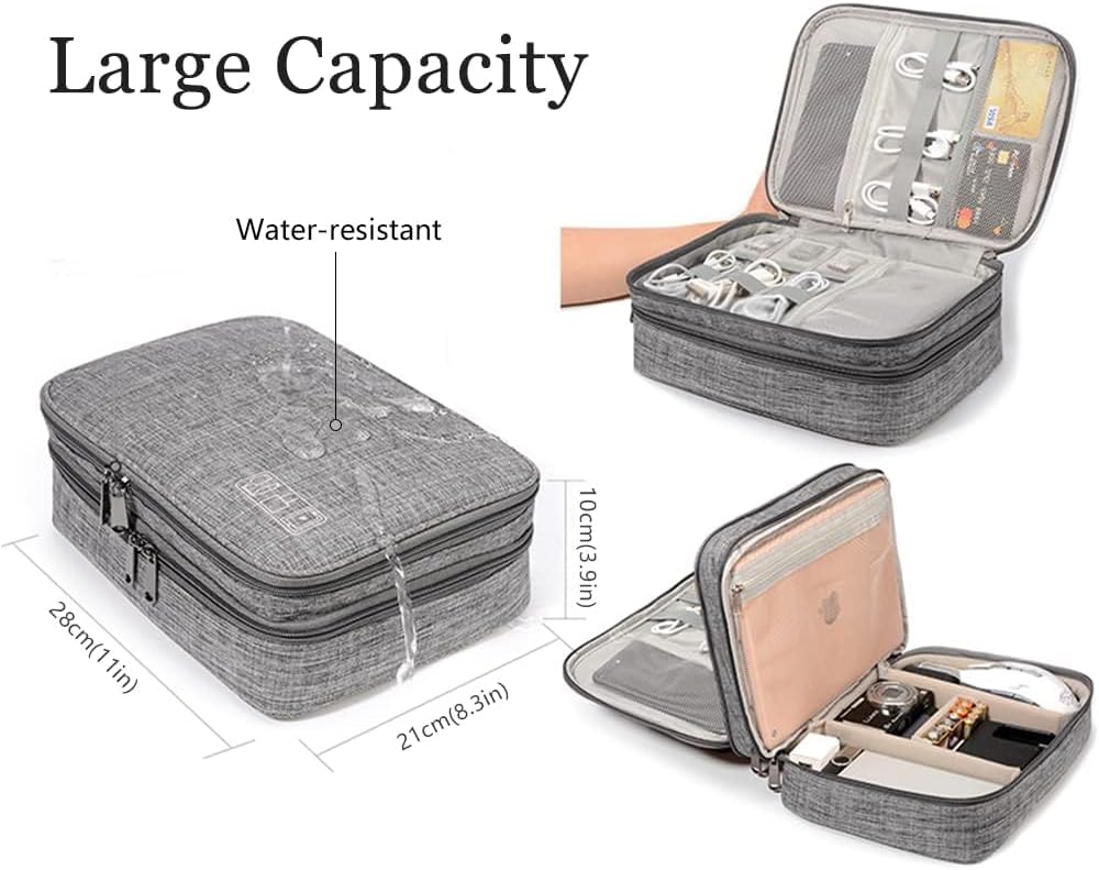 HCFGS Large Travel Cables Organizer Three Layers Waterproof Shockproof Cable Bag for Camera, iPad, USB Cable, SD Cards, Chargers, Hard Disk (Grey)