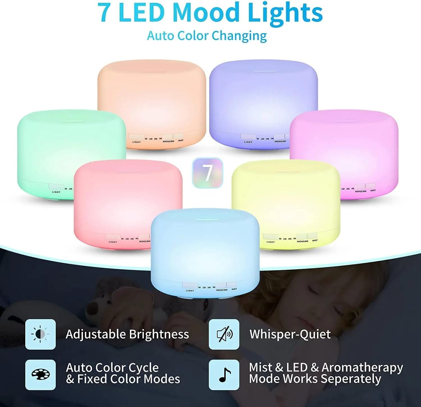 500ml Essential Oil Diffuser 7 Color Night Light, Electric Aroma Ultrasonic Aromatherapy Humidifier Timer and Auto Shut Off (with Bluetooth Speaker)