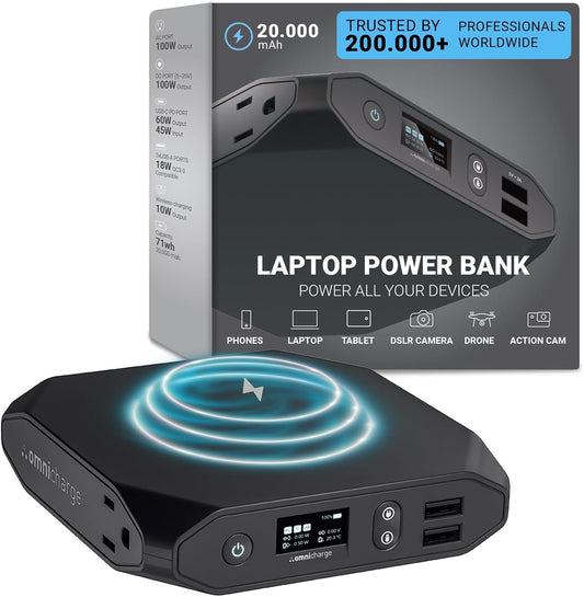 Omni 20+ 20000mah AC/DC/USB-C/Wireless Power Bank | High Powered Battery Backup for Laptops:MacBook Pro/iPad Pro/Dell/Surface | Cameras:Canon/Nikon/DSLR/DJI Drones | Smart Devices:iPhone/Samsung
