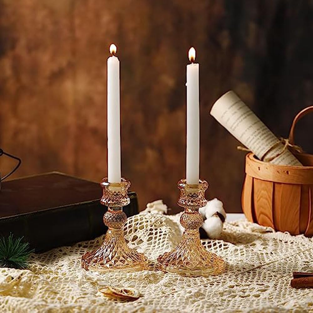 2pcs Candlestick Holders, Taper Candle Holders Glass, Candle Pillar Stands for Table Mantel Wedding Housewarming Gift Home Decoration (Gold 2pcs)