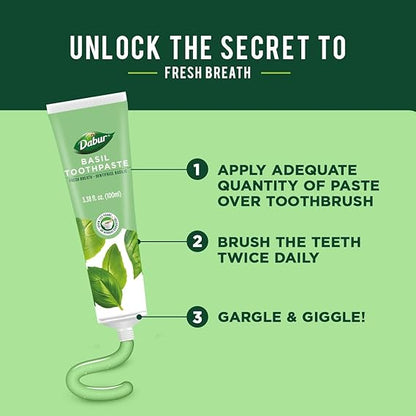 Dabur Herbal Toothpaste - Oral Care with All Natural, Fluoride-Free Formula & Healthy Toothpaste Bliss- Infused Brilliance for a Naturally Fresh Breath- Basil 100ml (Pack of 3)