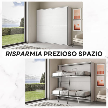 IMAGO FACTORY Kendo Double – Folding Single Bed with 2 Concealed Beds (L.200 P.106 H.191) Horizontal Fold-Out Bed 100% Made in Italy (Mattresses Not Included, Ash White)