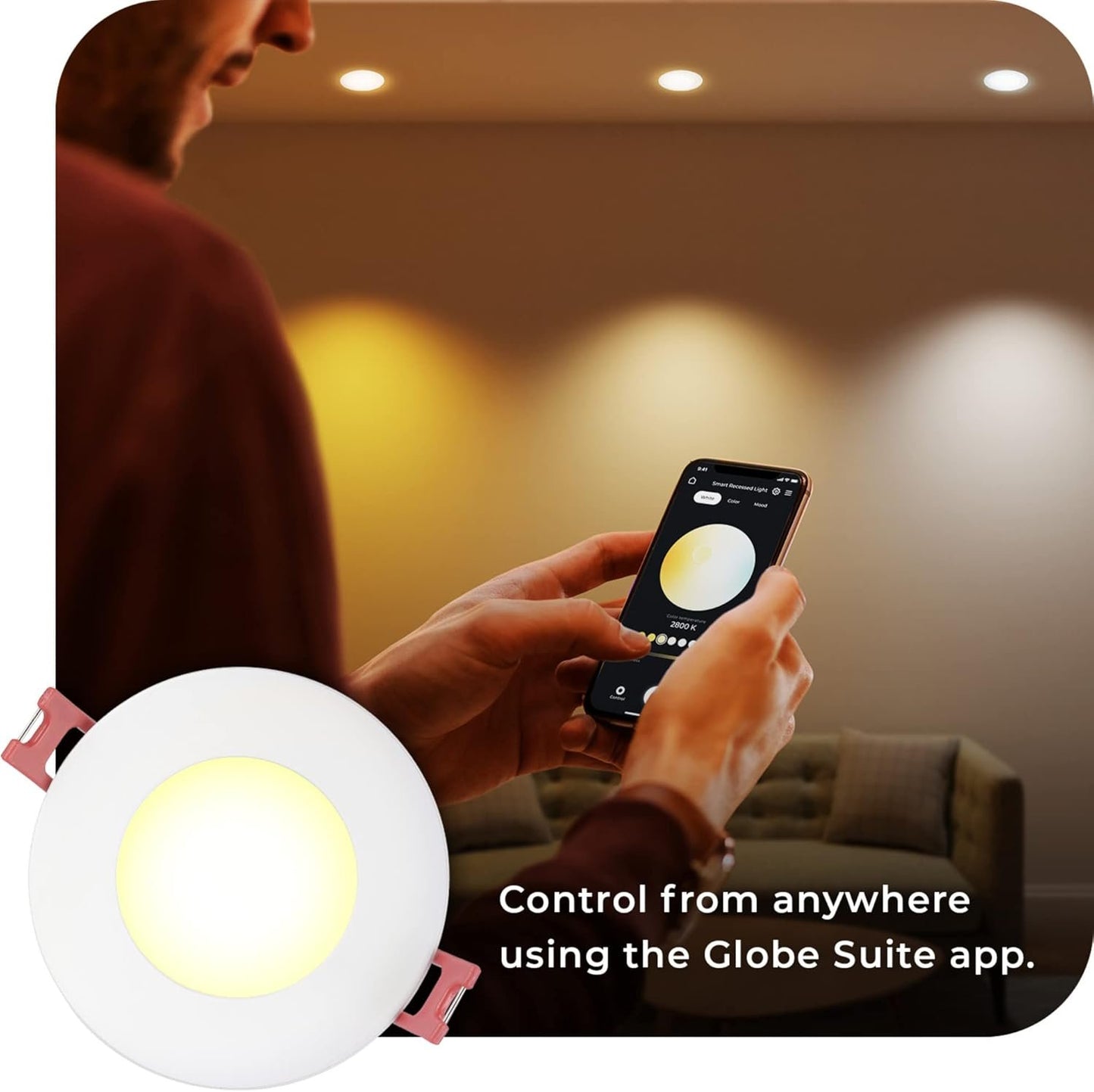 Globe Electric 50466 Wi-Fi Smart 3" Ultra Slim LED Recessed Lighting Kit 2-Pack, No Hub Required, Voice Activated, 7 W, Multicolor Changing RGB, Tunable White 2000K - 5000K, 390 Lumens, Wet Rated