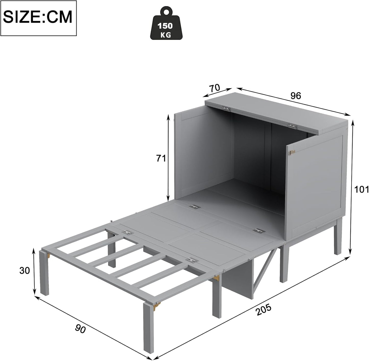 Wyibwy Wardrobe Bed 90 x 200 cm, Wall Mounted Bed with Slatted Frame, Folding Bed, Vertical Wardrobe Bed with Slatted Frame, Children's Bed, Single Bed, Space Saving Furniture, Grey