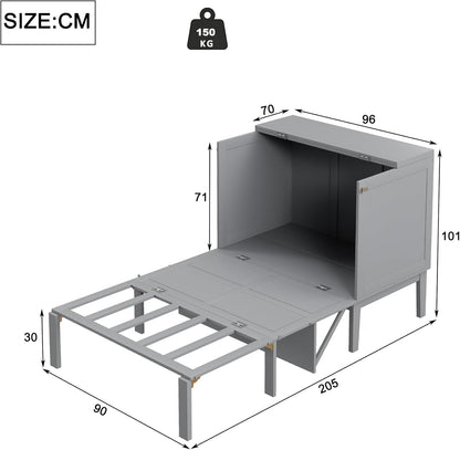 Wyibwy Wardrobe Bed 90 x 200 cm, Wall Mounted Bed with Slatted Frame, Folding Bed, Vertical Wardrobe Bed with Slatted Frame, Children's Bed, Single Bed, Space Saving Furniture, Grey