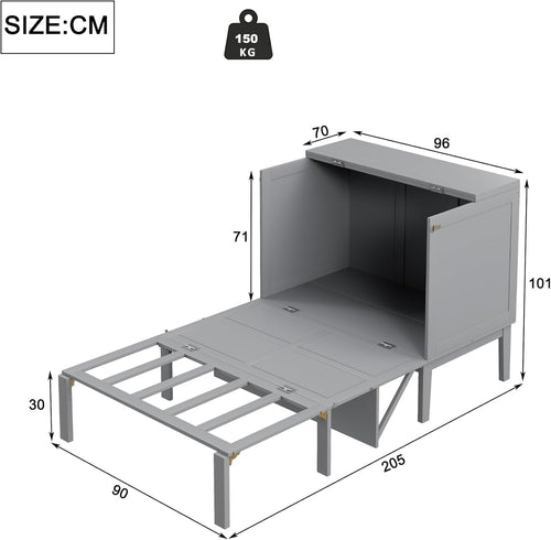 Wyibwy Wardrobe Bed 90 x 200 cm, Wall Mounted Bed with Slatted Frame, Folding Bed, Vertical Wardrobe Bed with Slatted Frame, Children's Bed, Single Bed, Space Saving Furniture, Grey