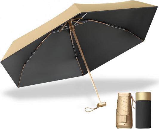 Mini Sun Umbrella with 6-Rib Golden Frame | UPF 50 UV Protection Folding Parasol | Compact Travel Umbrella for Women & Kids | Lightweight Windproof for Beach Golf Outdoor